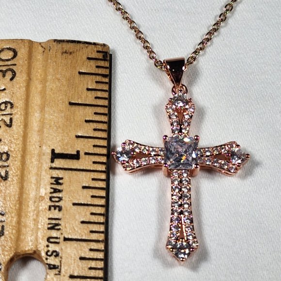 Cubic Zirconia Cross Pendant in 14K Rose Gold over 316L Stainless Steel 2.65 ct - Picture 2 of 5